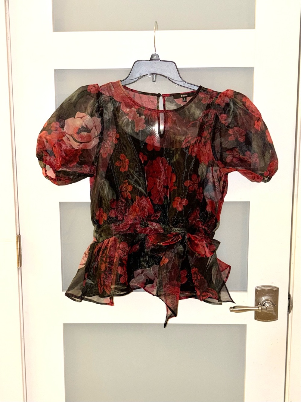 BLASHE Sheer Black Blouse with Red Floral Print and Puff Sleeves